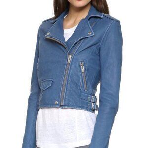 IRO ASHVILLE DIRTY BLUE LAMB LEATHER MOTO BIKER  JACKET 40